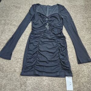 NWT Chic Women's Sheer Long Sleeve Black Ruched Dress Size XL